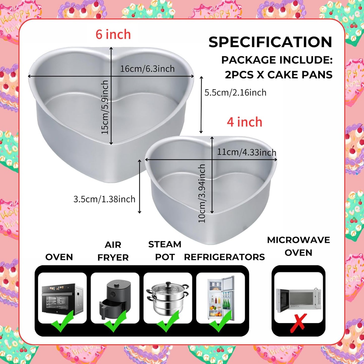 beyonday 2pcs Heart Shaped Cake Pan with Removable Bottom, 4 inch & 6 inch Aluminum Alloy Heart Cake Trays for Birthday Party Wedding Anniversary Baking Mold Cheesecake Pans Kitchen Bakeware