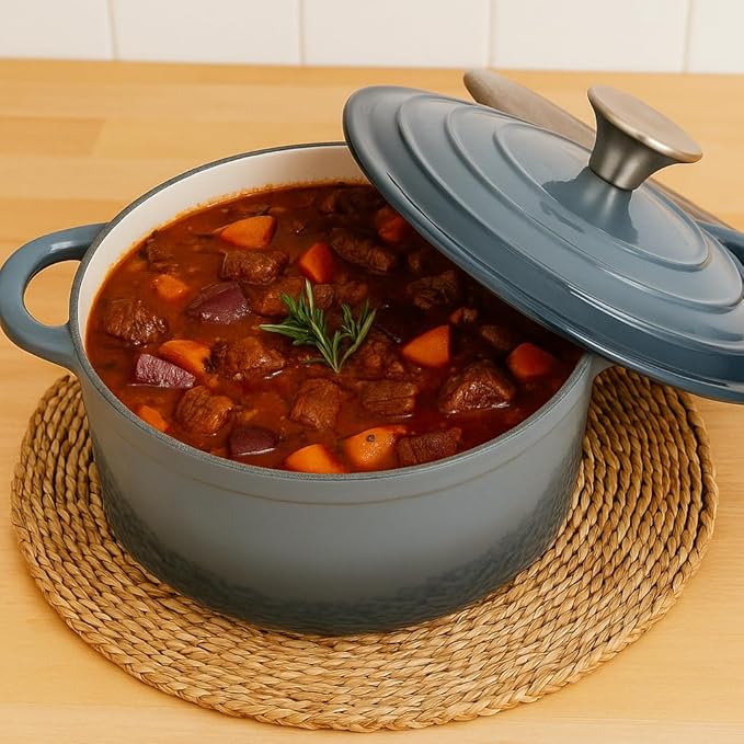 Hamilton Beach Enameled Cast Iron Dutch Oven 5.5-Quart Slate, Cream Enamel Dutch Oven Pot with Lid