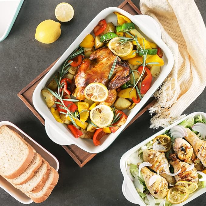 Sweejar Casserole Dishes for Oven, Ceramic Bakeware Set of 3, Lasagna Pan Deep with Handle, Rectangular Baking Pan Set, 9x13 Baking Dish for Cooking, Banquet and Daily Use (White)