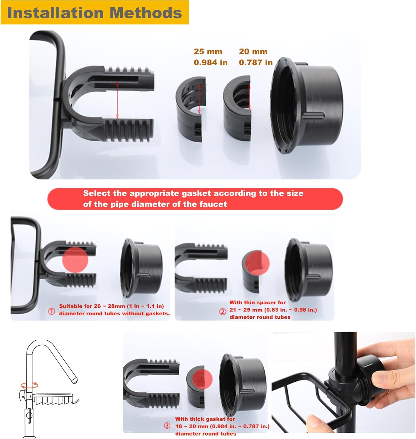 Sink Organizer Rack for Kitchen and Bathroom, 2024 New Stainless Steel Detachable Hanging Faucet Drain Rack with Drip Tray Faucet Sponge Holder for Bathroom (Black, Right)