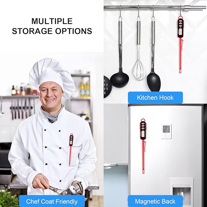 Lonicera Digital Cooking Thermometer for Bread Baking, Food and Water Temperature Measurement. Waterproof and Long Stem with Meat Temp Guide, Display with Backlit (Red)