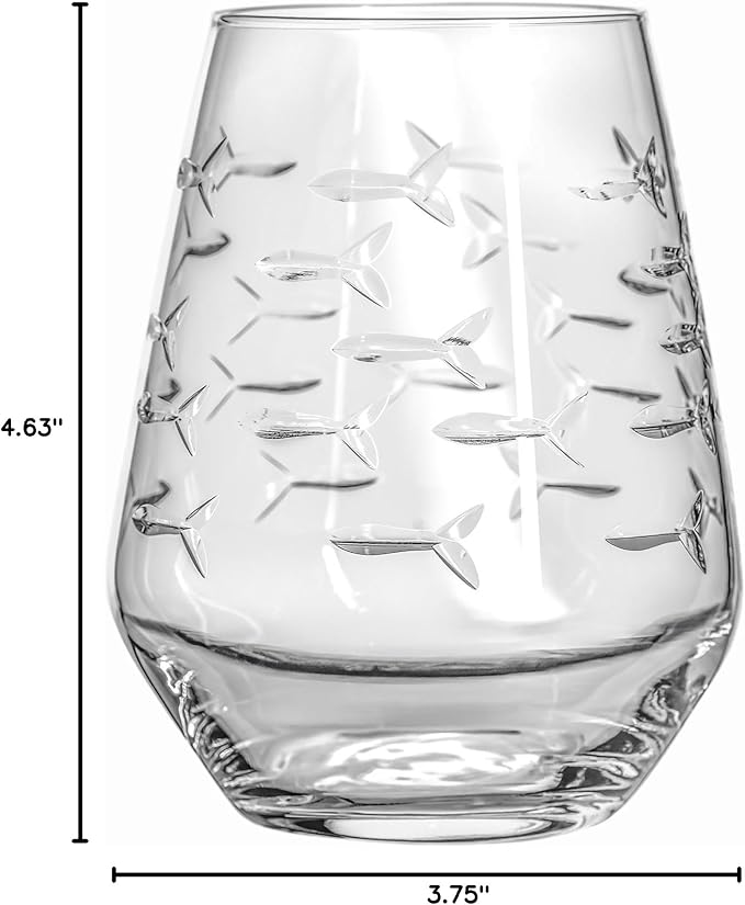 Rolf Glass | School of Fish Stemless Tumbler | 18oz Stemless Wine Glasses | Lead-Free Glass | Engraved and polished in Pennsylvania | US made (Set of 2)