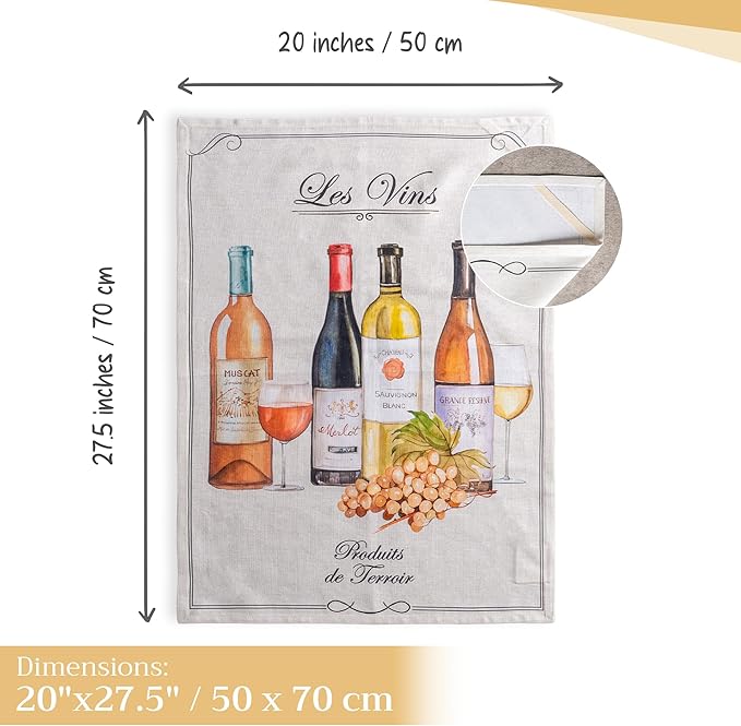 Maison d' Hermine Kitchen Towels Set of 3 100% Cotton 27.50" x 20" Reusable Cloth Tea Dish Towels Absorbent with Hanging Loop for Kitchen, Home, Dining, Cocktail Parties Spring/Summer (Terroir)