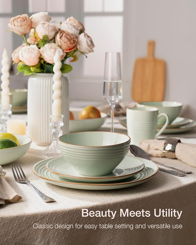 Famiware Jupiter Dinnerware Set, Plates and Bowls Dish Sets for 8 (24 Pieces), Microwave and Dishwasher Safe Stoneware Speckled Tableware, Chip and Scratch Resistant, Light Green