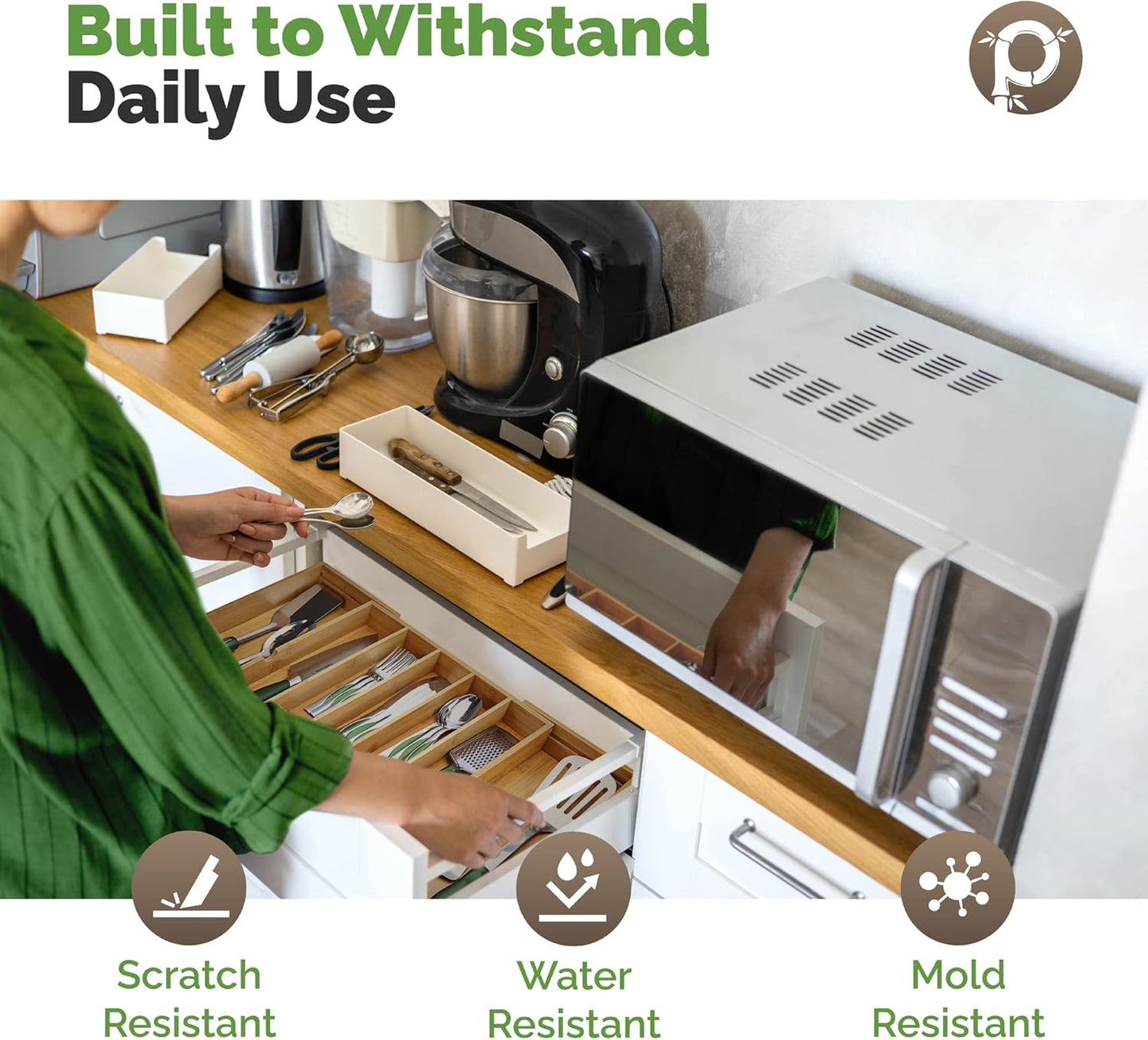 Silverware Organizer - Expandable Kitchen Drawer Organizer - Adjustable Kitchen Drawer Organizer for Utensils, Expandable to 22 Inches Wide, 10 Compartments, Silverware Tray for Drawer