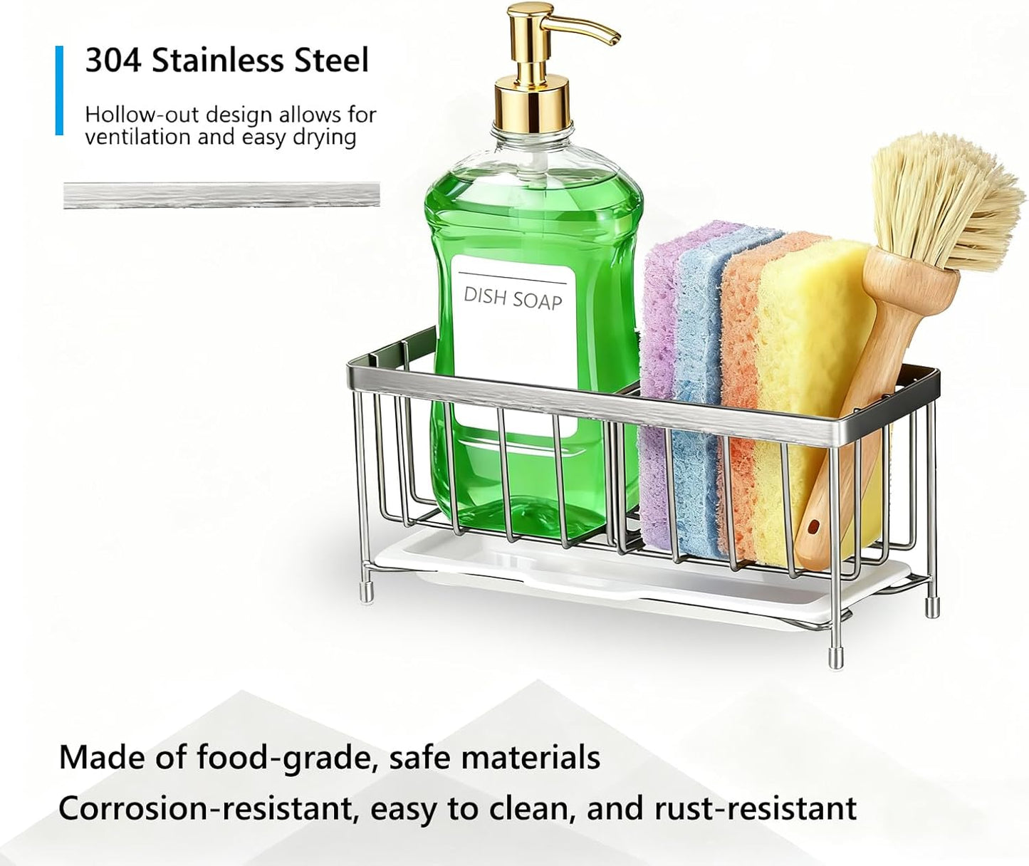 Kavciva Sink Caddy Sponge Holder,304 Stainless Steel Dish Brush Holder,Kitchen Countertop Sink Rack,Dish Soap Holder,Dishwashing Tool Drying Tray with Adjustable Partitions,Essential Kitchen Shelves