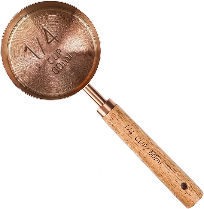 Measuring Cup with Wooden Handle, 1/4 Cup Titanium-plating 60 Ml Stainless Steel, Rose Gold