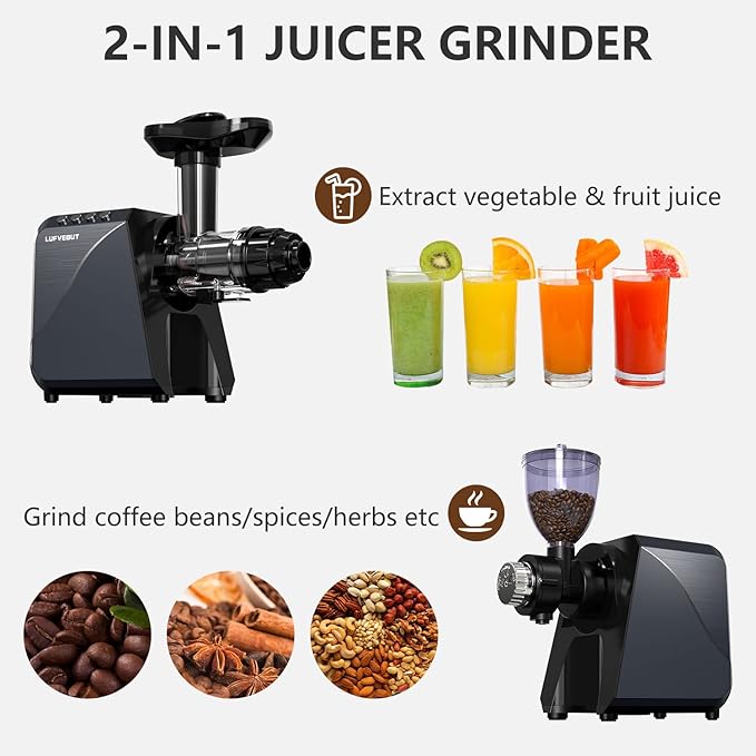Masticating Fruit Vegetable Juicer Machine, 2-In-1 Electric Juicer Grinder 18 Adjustable Settings for Coffee Bean Nut, 250W Quiet Juicing Machine Cold Press Extractor BPA Free Easy To Clean & Assemble