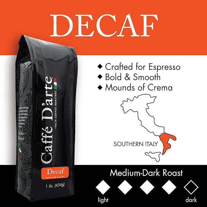 Caffe D'arte Decaf Ground Espresso Coffee – Bold & Smooth Medium Dark Roast with Rich Crema – Crafted for Espresso Machines – 1 lb Bag, Pack of 2