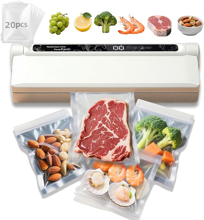 Kitchen utensil vacuum sealing machine, 60kPa suction, 20 vacuum sealing pockets, dry wet mode, digital countdown, white vacuum food sealing machine