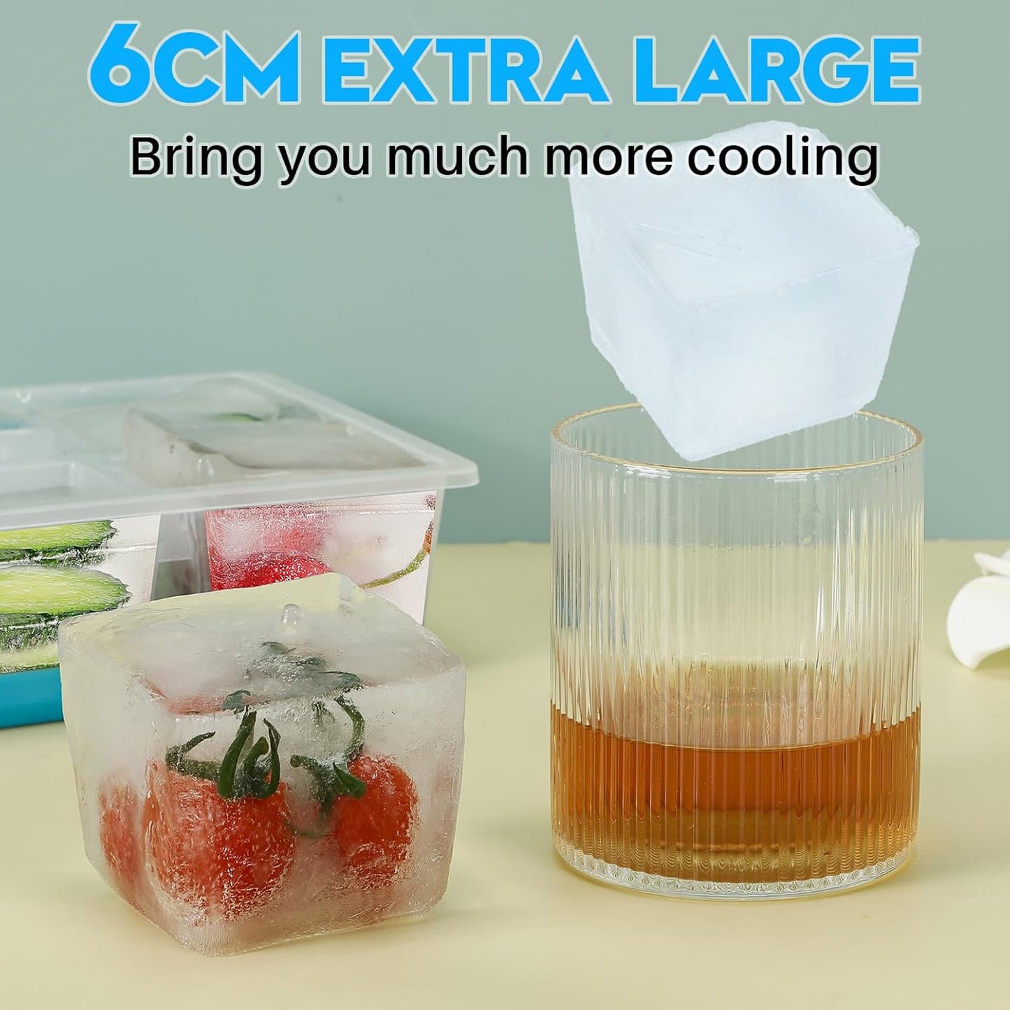 Ice Cube Trays 2 Pack, JRISBO Large Silicone Ice Cube Molds with Leak-Proof Lid, Transparent TPE Frame & Easy Release Bottom, Stackable Freezer Ice Trays for Whiskey, Cocktails, Soup, BPA Free