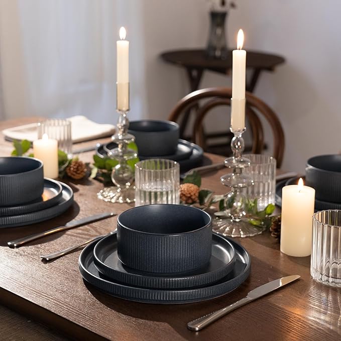famiware Star Dinnerware Sets, Plates and Bowls Set for 4, 12 Pieces Ribbed Dishes - Chip and Scratch Resistant, Microwave and Dishwasher Safe Tableware, Matte Dark Charcoal