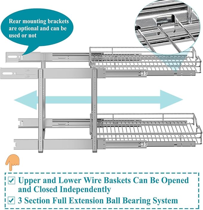 OCG 2 Tier Pull Out Cabinet Organizer (22.5" W x 21.5" D), Pull Out Drawers for Kitchen Cabinets, Pull Out Shelves for Base Cabinet Organization in Kitchen Bathroom Pantry, Chrome Finish
