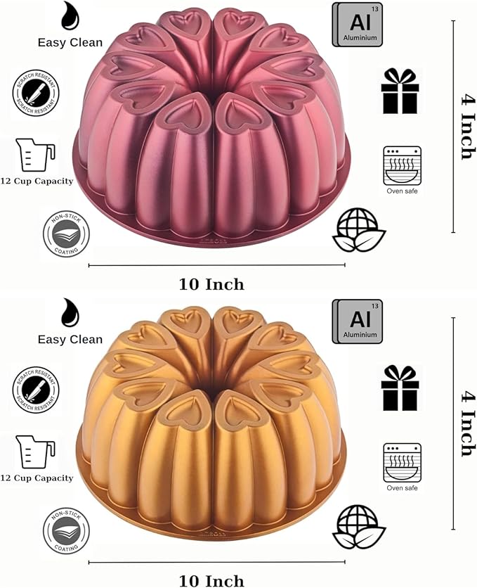 Heart Shape Aluminum Cake Pan, Titanium Coating, Non-Stick, 12 Cups, Gifts for Mom, 10 Inch Baking Mold, Cast Aluminum Fluted Tube Pan, Easy to Clean (2-Pack, Red-Gold)
