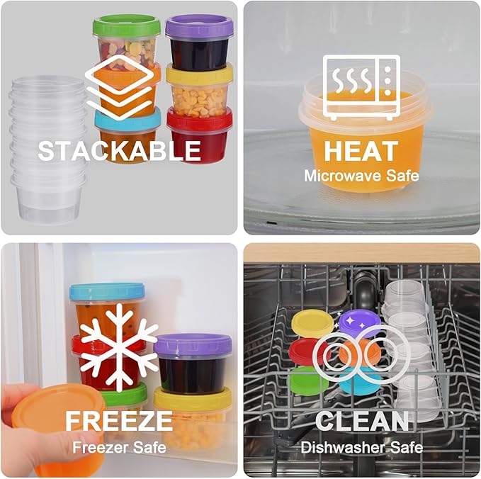4 oz Small Plastic Containers with Lids, 12 Pack Stackable Small Freezer Container, Reusable 1/2 Cup Food Containers for Snack Puree Fruit, with Pen and Brush, Microwave & Dishwasher Safe