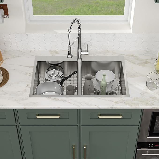 Logmey 33x22 Stainless Steel 50/50 Double Bowl Drop In Kitchen Sink - 16 Gauge Topmount, 33x22x9 Inches