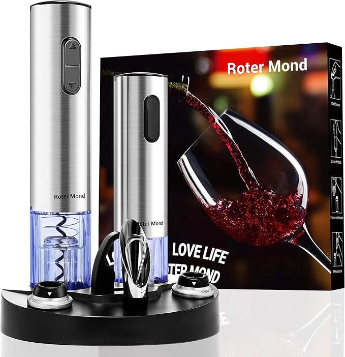 Electric Wine Opener Set, Roter Mond Automatic Wine Bottle Opener with Charging Base, 7-in-1 Wine Present with Wine Aerator Pourer Electric Vacuum Pump with 2 Stoppers Wine Foil Cutter for Home Party