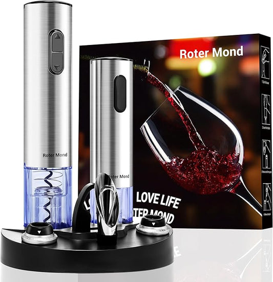 Electric Wine Opener Set, Roter Mond Automatic Wine Bottle Opener with Charging Base, 7-in-1 Wine Present with Wine Aerator Pourer Electric Vacuum Pump with 2 Stoppers Wine Foil Cutter for Home Party