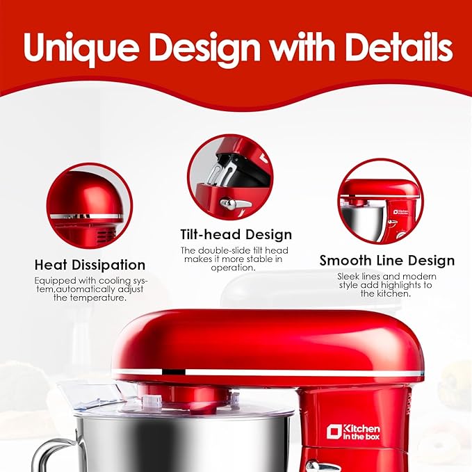 Kitchen in the box Stand Mixer - 8.5 Quart Giant Capacity Mixing Bowl, 900 Watt Powerful Heavy Bread Dough Standing Mixers Tilt-head with Dough Hook, Whisk, Flat Beater and Splash Guard (Red)