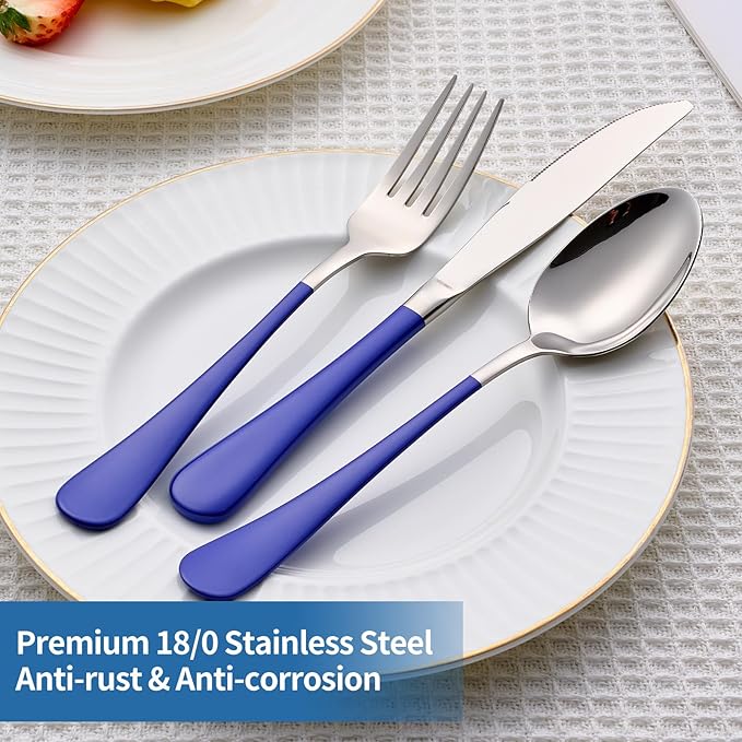 20-Piece Blue Silverware Set, 18/0 Stainless Steel Blue Handle Flatware Set, Service for 4, Modern Cutlery Set Includes Dinner Knives Forks Spoons, Mirror Polished, Dishwasher Safe