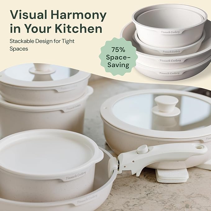 15-Piece White Granite Nonstick Cookware Set – Detachable Handles & Tempered Glass Lids – Stackable & Cool-Touch - Induction & Oven Safe to 480°F - Scratch-Resistant, PFOA & PFOS-Free