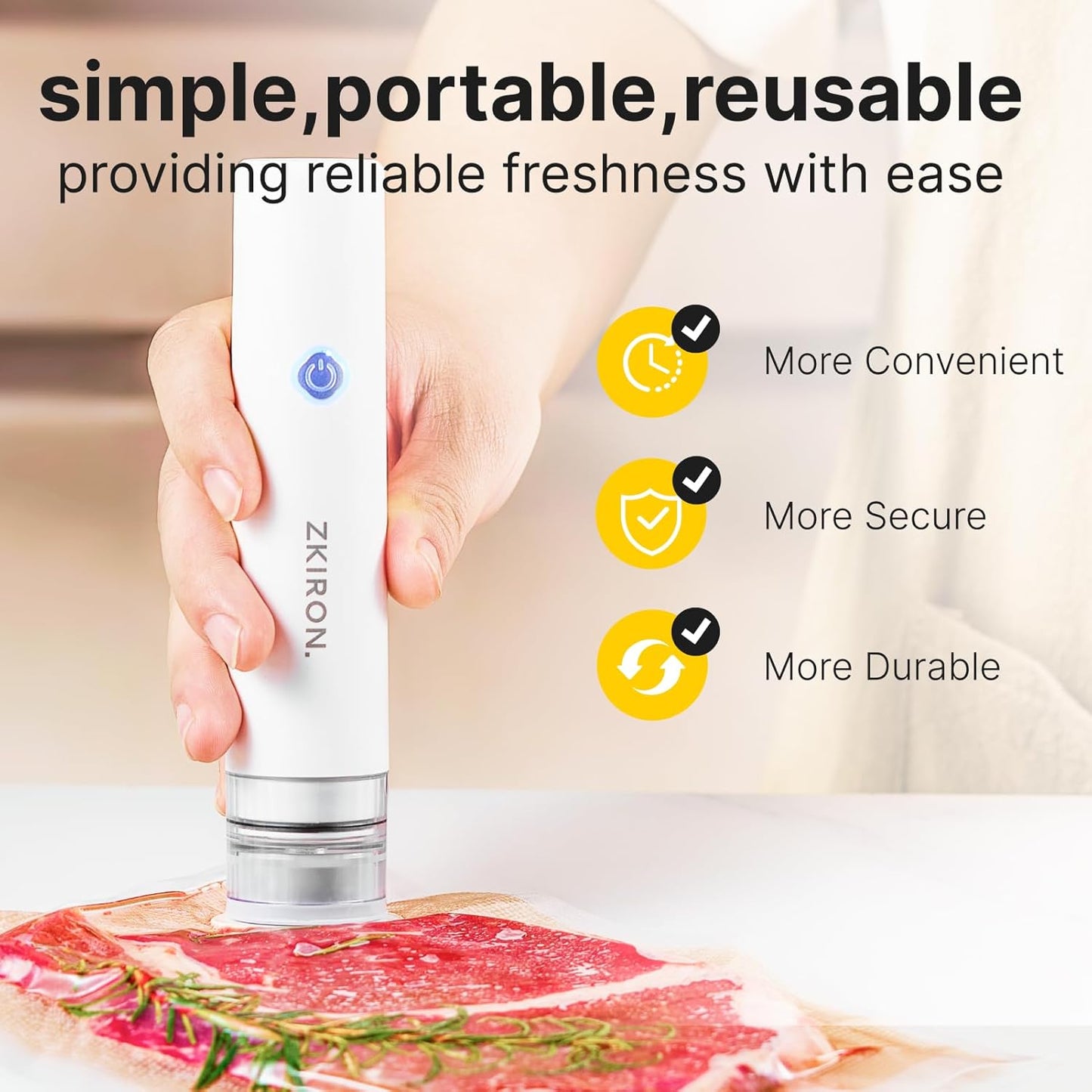 OneTouch Handheld Vacuum Sealer with 25 Reusable Vacuum Bags – Portable & Compact, Food Saver Vacuum Sealer with Detachable Transparent Suction for Meal Prep, Sous Vide, Travel & Kitchen