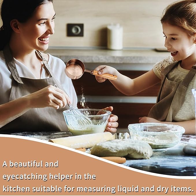 Measuring Cup with Wooden Handle, 1 Cup Titanium-plating 250ml Stainless Steel, Rose Gold