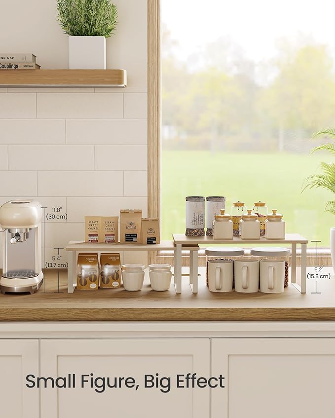 SONGMICS Cabinet Organizer Shelf, Set of 2 Kitchen Counter Shelves, Kitchen Storage, Spice Rack, Stackable, Expandable, Metal and Engineered Wood, Travertine Beige and Cream White UKCS025L01