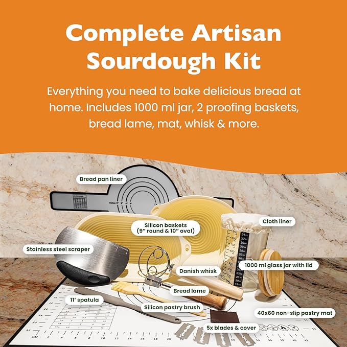 Sourdough Starter Kit – Bread Baking Set with 10" Oval & 9" Round Silicone Bannetons,1000ml Starter Jar, Bread Lame, Danish Whisk, Pastry Mat,Sling, Fermentation Kit, Gift for Bakers, Moms & Wives