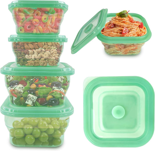 KVK 4 Pack Collapsible Food Storage Containers, Silicone Food Storage Containers With Lids, Green Reusable Collapsible Bowls For Camping, Dishwasher Safe Kitchen Supplies