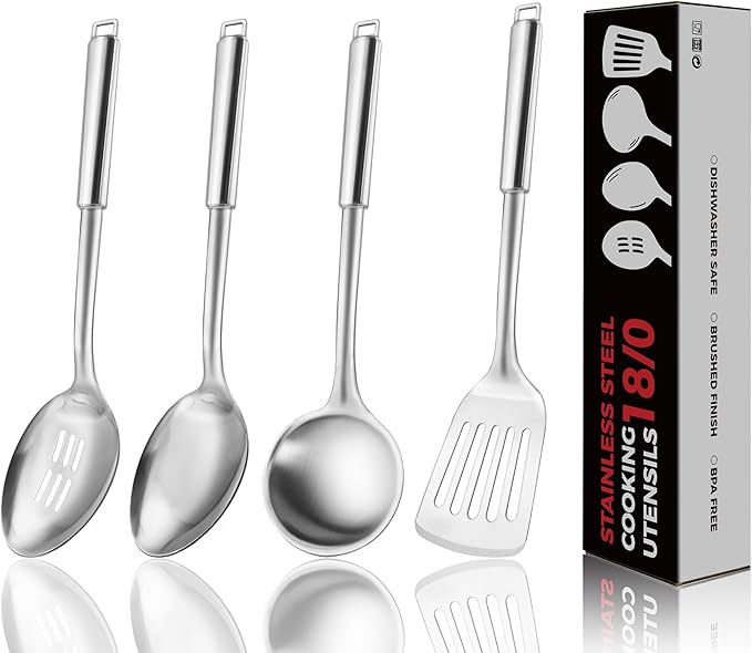18/0 Stainless Steel Kitchen Cooking Utensil Set, Ergonomic Handle, Dishwasher Safe, Slotted Spoon, Ladle, Turner, Serving Spoon for Housewarming Daily Use Commercial, Pack of 4