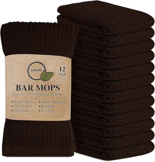 Softolle Bar Mop Towels, Pack of 12-16x19 Inches - 100% Cotton Super Absorbent Towels, Multi-Purpose for Home and Bar Cleaning (Brown)