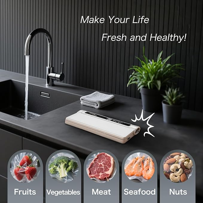 Kitchen utensil vacuum sealing machine, 60kPa suction, 20 vacuum sealing pockets, dry wet mode, digital countdown, white vacuum food sealing machine