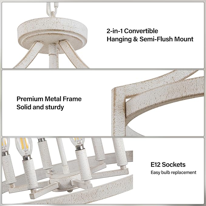 6-Light Farmhouse Chandelier, Distressed Hanging Pendant Lighting, Convertible Semi Flush Mount Ceiling Light Fixture Vintage White Metal Chandeliers for Dining Room Kitchen Foyer Entryway