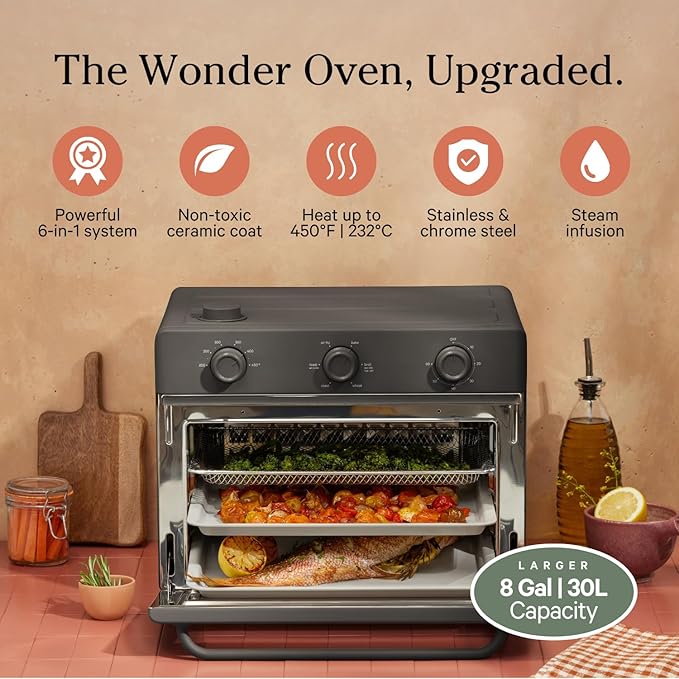 Our Place Large Wonder Oven | 6-In-1 Toxin-Free Air Fryer & Toaster with Steam Infusion | Family-Sized 32QT, 1700W Countertop Design | Includes Bake Tray, Fryer Basket, Large Racks | Char