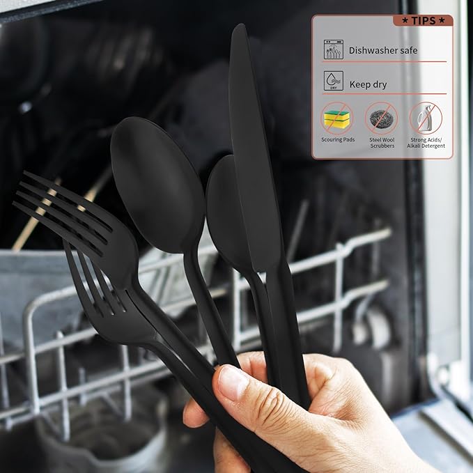 Alata Potter Black 20-Piece Forged Silverware Set, Service for 4 Stainless Steel Flatware Set, Modern Design with Satin Finish, Ideal for Home, Kitchen, Party, Camping