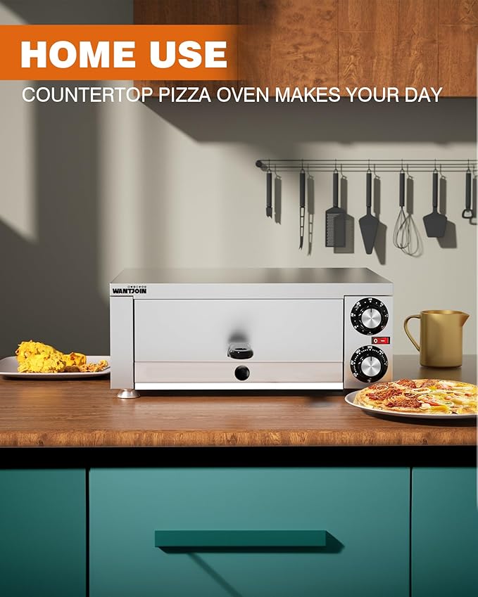 Wantjoin Pizza Oven Indoor - Electric Pizza Ovens Stainless Steel Commercial Countertop Pizza Maker Fits 12" Pizzas, With Timer Crumb Tray, 110W, For Home, Bars, Food Trucks