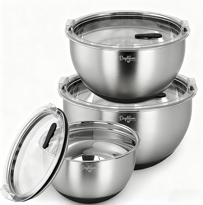 Mixing Bowls with Airtight Lids, Clear Lid with Valve, Stainless Steel Nesting Bowl Set, 3-Piece Bowls(1.5/3/5 QT), Measurement Marks, Non-Slip Silicone Base, Dishwasher Safe, Food Prep & Storage