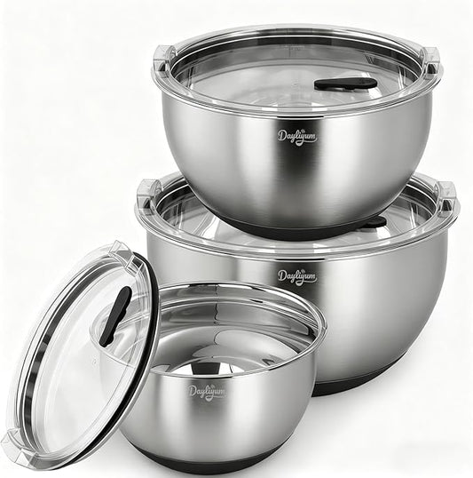 Mixing Bowls with Airtight Lids, Clear Lid with Valve, Stainless Steel Nesting Bowl Set, 3-Piece Bowls(1.5/3/5 QT), Measurement Marks, Non-Slip Silicone Base, Dishwasher Safe, Food Prep & Storage
