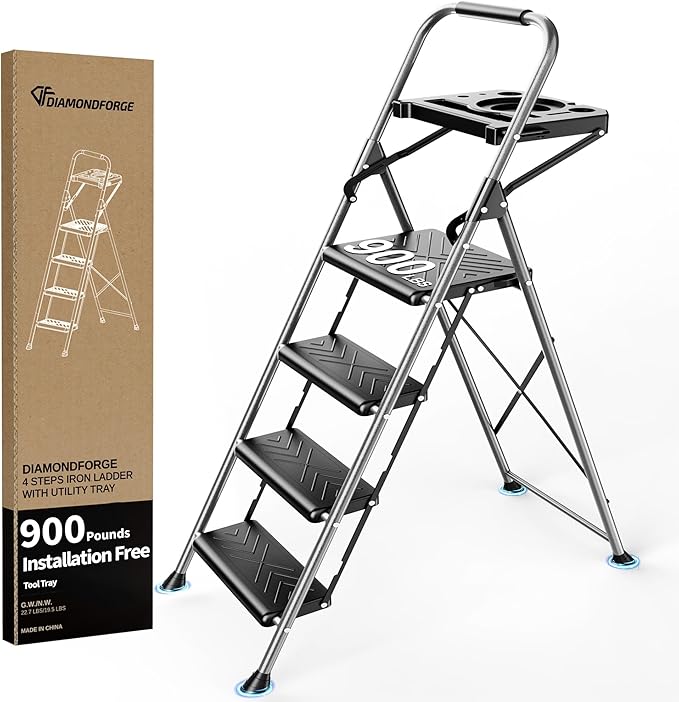 4 Step Ladder, Folding Step Stool with Tool Platform, Wide Anti-Slip Pedal and Anti-Slip Feet, Heavy-Duty Steel Construction, 900lbs Capacity Portable Safety Ladder, No Assembly Required, Grey