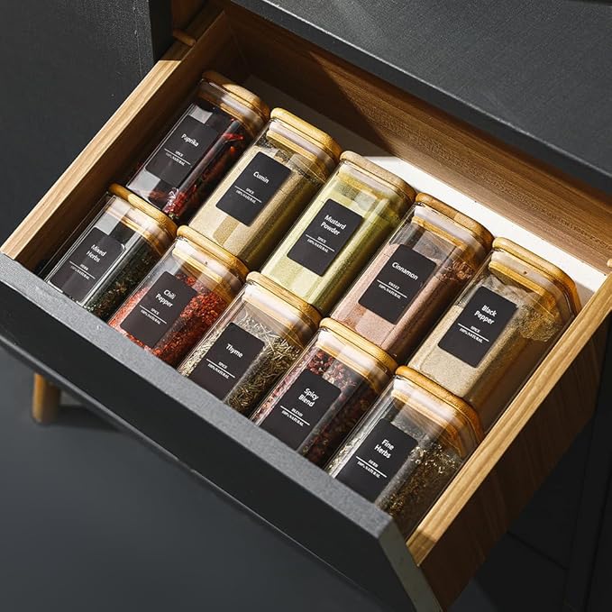 12Pcs 9oz Spice Jars Glass Container with 275 Labels, Airtight Seasoning Empty Organizer with Bamboo Lid Set for Food Storage, Salt, Sugar