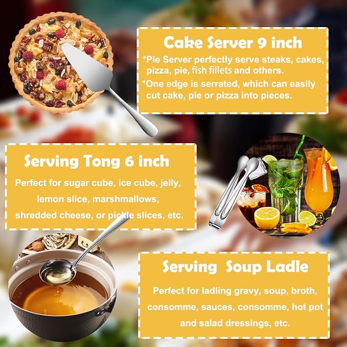 6 PCS Stainless Steel Serving Utensils, Large Serving Spoons Slotted Spoons, Forks, Ice Suger Tongs, Cake Server, Soup Ladle, Metal Utensils Set Great for Buffet Catering Banquet Party, Silver