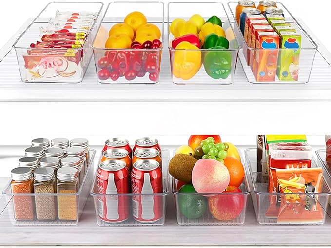 Set of 8 Clear Pantry Organizer Bins,4 Pack Stackable Fridge Organizer And 4 Pack Refrigerator Organizers and Storage with 3 Dividers,BPA-Free Spice Organization for Kitchen Cabinet