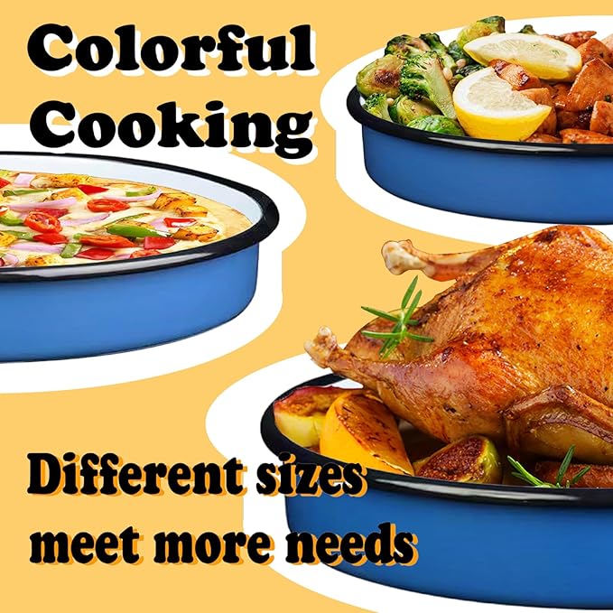 3-Pack Enamel Roasting & Baking Pan Set 10/12/14 Inch Round Deep Cake Pans for Turkey Pizza Casseroles Desserts Oven & Dishwasher Safe up to 932F Thanksgiving Holiday Gifts & Baking Dishes