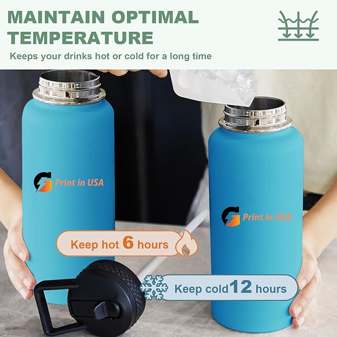 Personalized Custom Print in USA Water Bottle 32oz Stainless Steel Double Wall Coffee Cup with Lid & Straw Insulated Tumbler with Colorful Text Logo