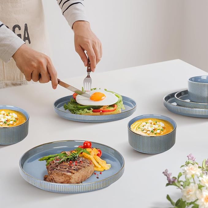 Romswi Ceramic 18Pcs Dinnerware Sets,Stoneware Plates and Bowls Set for 6, Chip & Scratch Resistant Ribbed Dish Set, Handmade Reactive Glaze, Oven, Microwave & Dishwasher Safe, Gray Blue
