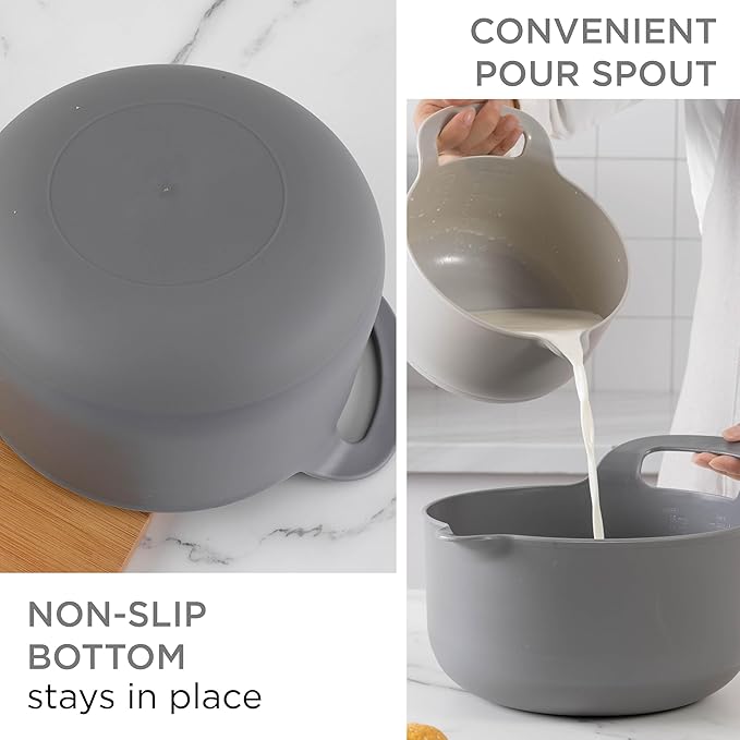 COOK WITH COLOR Nesting Plastic Mixing Bowl Set with Pour Spouts and Handles, Gray, 6 Piece Non-Slip