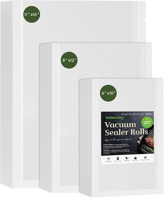 Vacuum Sealer Bags For Food,150 Quart 11"x16"and Quart 8"x12"and Pint 6"x10"，Commercial Grade BPA Free Bag, Durable Customized Size Food Vac Bags for Storage and Sous Vide Cooking，Puncture Prevention