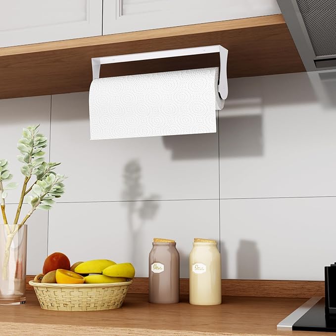 Paper Towel Holder Under Cabinet, White Kitchen Accessories Decor, Wall Mount, White Paper Towel Holder for Bathroom, Stainless Steel, Adhesive or Screws