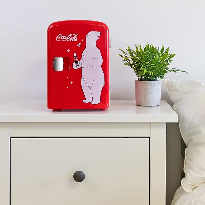 Coca Cola Polar Mini Fridge - Refrigerator for Bedroom Office, Portable Table Top Beverage Cooler, 12V 110V Refrigerador For Drinks, Soda, Wine, Use In Car, Dorm, Patio, 6 Can